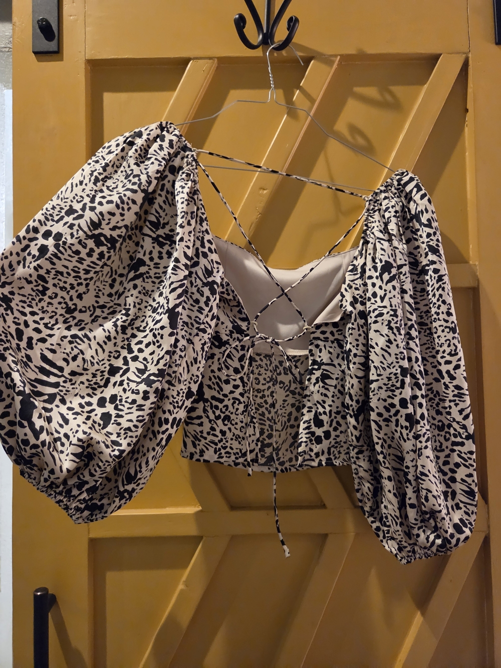 Lush Beige and Black Leopard Puff-Sleeve Crop Top